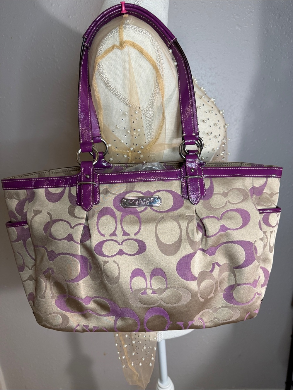 Coach Beige Canvas Tote with Purple Signature Print and Purple Trim